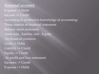 Nominal account:
Expense -> Debit
Income -> Credit
According to profession knowledge of accounting:
Three aspects of financial statement
Balance sheet statement
Asset side , liability side , Equity
In financial position:
Asset -> Debit
Liability -> Credit
Equity -> Credit
In profit and loss statement
Incomes -> Credit
Expense -> Debit
 