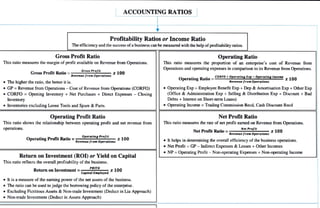 Gross Profit Ratio
Gross Profit Ratio =
" The higher the ratio, the better it is.
The efficiencyand the successofabusiness can be measured with the help ofprofitability ratios.
This ratio measures the margin of profit available on Revenue from Operations.
Gross Proflt
Revenue from Operattons
Inventories excluding Loose Tools and Spare &Parts.
Operating Profit Ratio
" GP =Revenue from Operations -Cost of Revenue from Operations (CORFO)
CORFO = Opening Inventory + Net Purchases + Direct Expenses Closing
Inventory
Operating Profit Ratio=
Profitability Ratios or Income Ratio
This ratio shows the relationship between operating profit and net revenue from
operations.
Operattng Profit
Revenue from Operations
ACCOUNTING RATIOS
Return on Investment =
PBITD
Capital Employed
100
Return on Investment (RO) or Yield on Capital
This ratio reflects the overall profitabilityof the business.
X100
" Non-trade Investment (Deduct in Assets Approach)
x 100
It is a measure of the earning power of the net assets of the business.
" The ratio can be used to judge the borrowing policy of the enterprise.
Excluding Fictitious Assets &Non-trade Investment (Deduct in Lia Approach)
Operating Ratio
This ratio measures the proportion of an enterprise's cost of Revenue from
Operations and operating expenses in comparison to its Revenue from Operations.
Operating Ratio=o+operating Exp-Operatlng Income
Revenue from Operatlons
" Operating Exp =Employee Benefit Exp +Dep &Amortisation Exp +Other Exp
(Office &Administration Exp + Selling &Distribution Exp + Discount + Bad
Debts + Interest on Short-term Loans)
" Operating Income =Trading Commission Recd, Cash Discount Recd
Net Profit Ratio
This ratio measures the rate of net profit earned on Revenue from Operations.
Net Proft
Net Profit Ratio =
Revenue from Operations
* 100
" It helps in determining the overallefficiency of the business operations.
Net Profit = GP Indirect Expenses & Losses + Other Incomes
" NP =Operating Profit - Non-operating Expenses + Non-operating Income
 