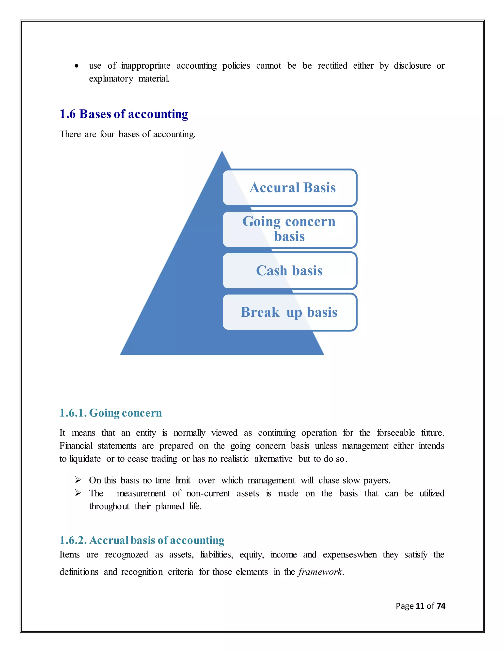 Page 11 of 74
 use of inappropriate accounting policies cannot be be rectified either by disclosure or
explanatory material.
1.6 Bases of accounting
There are four bases of accounting.
1.6.1. Going concern
It means that an entity is normally viewed as continuing operation for the forseeable future.
Financial statements are prepared on the going concern basis unless management either intends
to liquidate or to cease trading or has no realistic alternative but to do so.
 On this basis no time limit over which management will chase slow payers.
 The measurement of non-current assets is made on the basis that can be utilized
throughout their planned life.
1.6.2. Accrualbasis of accounting
Items are recognozed as assets, liabilities, equity, income and expenseswhen they satisfy the
definitions and recognition criteria for those elements in the framework.
Accural Basis
Going concern
basis
Cash basis
Break up basis
 