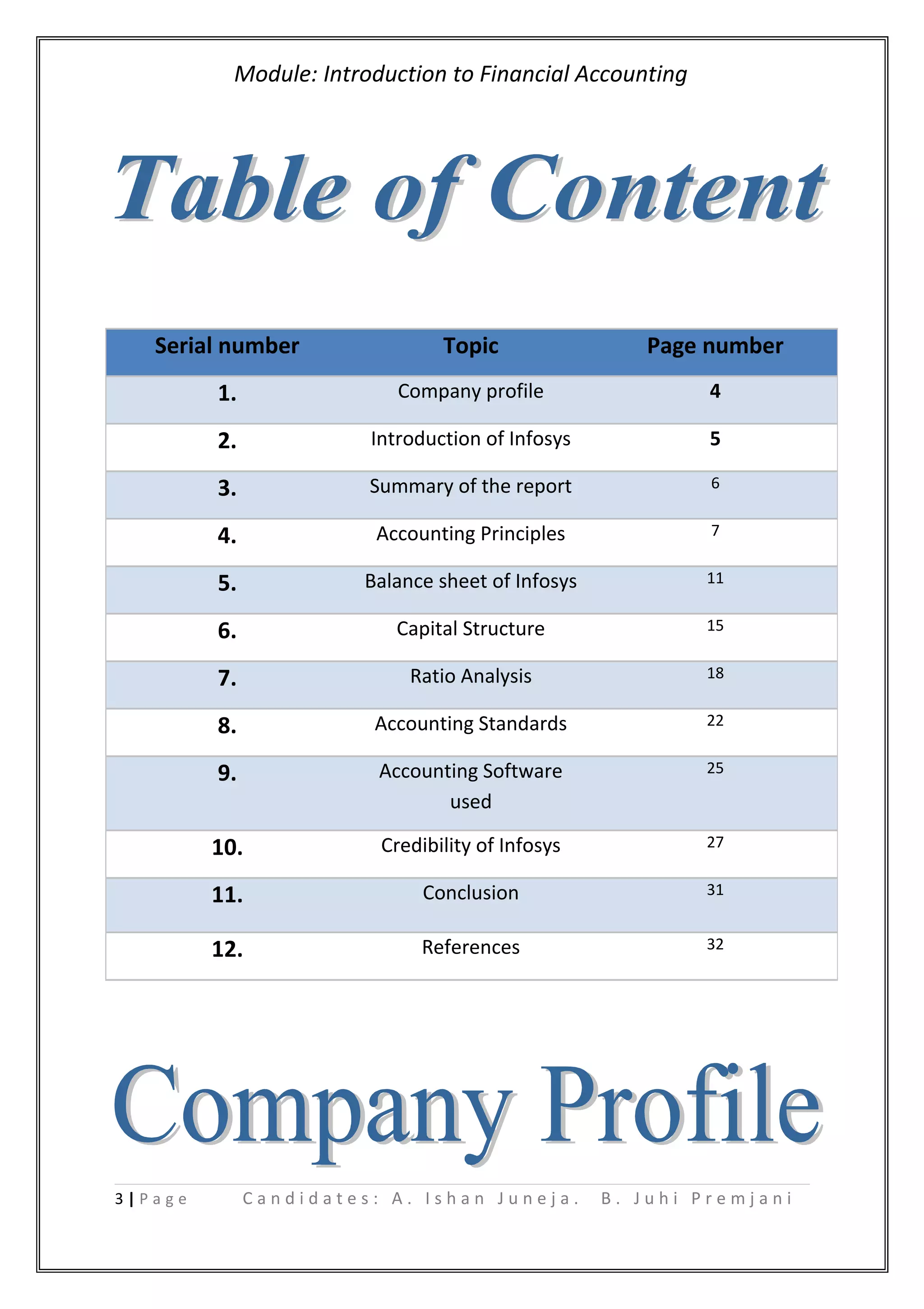 Module: Introduction to Financial Accounting
3 | P a g e C a n d i d a t e s : A . I s h a n J u n e j a . B . J u h i P r e m j a n i
Serial number Topic Page number
1. Company profile 4
2. Introduction of Infosys 5
3. Summary of the report 6
4. Accounting Principles 7
5. Balance sheet of Infosys 11
6. Capital Structure 15
7. Ratio Analysis 18
8. Accounting Standards 22
9. Accounting Software
used
25
10. Credibility of Infosys 27
11. Conclusion 31
12. References 32
 