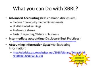 What you can Do with XBRL?
• Advanced Accounting (less common disclosures)
– Income from equity method investments
– Undistributed earnings
– Preference shares
– Basis of reporting/Nature of business
• Intermediate accounting (Disclosure Best Practices)
– http://xbrlsite-app.azurewebsites.net/DisclosureBestPractices/DisclosureBestPractices.aspx?DisclosureName=BalanceSheet
• Accounting Information Systems (Extracting
Information)
– http://xbrlsite.azurewebsites.net/2018/Library/ExtractionP
rototype-2018-03-31.zip 4 hour
presentation that
demonstrates and
explains what you
can do with XBRL-
based Reoprts
 