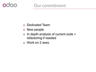 Our commitment
o Dedicated Team
o New people
o In depth analysis of current code +
refactoring if needed
o Work on 2 axes
