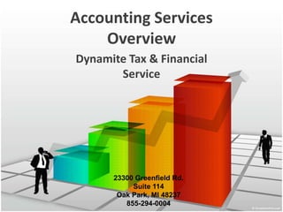 Accounting Services
Overview
Dynamite Tax & Financial
Service
23300 Greenfield Rd.
Suite 114
Oak Park, MI 48237
855-294-0004
 