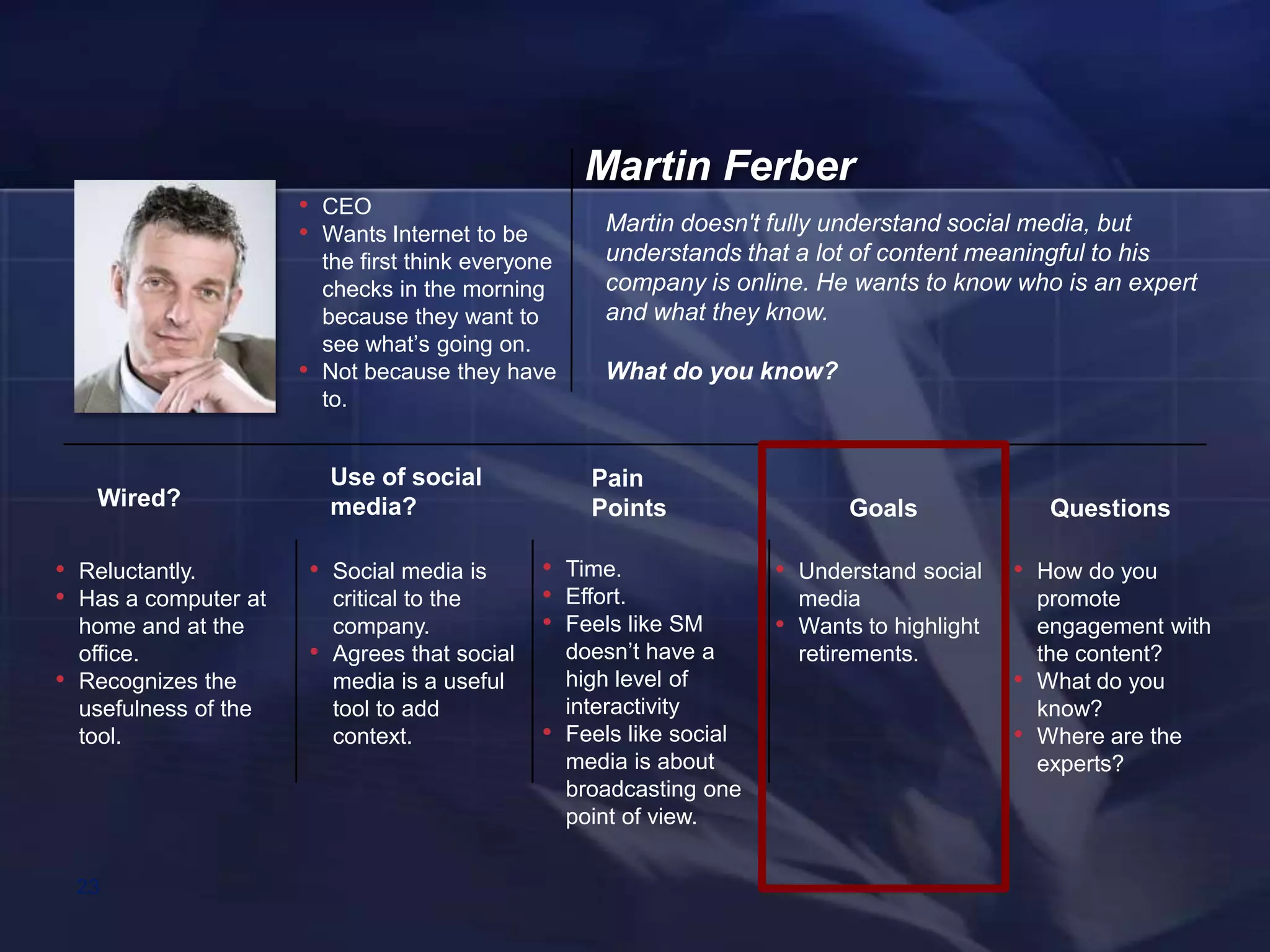 Martin Ferber
                        • CEO
                        • Wants Internet to be                Martin doesn't fully understand social media, but
                                the first think everyone      understands that a lot of content meaningful to his
                                checks in the morning         company is online. He wants to know who is an expert
                                because they want to          and what they know.
                                see what‘s going on.
                        •       Not because they have         What do you know?
                                to.


                                Use of social                Pain
     Wired?                     media?                       Points                     Goals                Questions

• Reluctantly.              • Social media is         • Time.                  • Understand social      • How do you
• Has a computer at              critical to the      • Effort.                    media                    promote
    home and at the              company.             • Feels like SM          •   Wants to highlight       engagement with
    office.                 •    Agrees that social        doesn‘t have a          retirements.             the content?
•   Recognizes the               media is a useful         high level of                                •   What do you
    usefulness of the            tool to add               interactivity                                    know?
    tool.                        context.             •    Feels like social                            •   Where are the
                                                           media is about                                   experts?
                                                           broadcasting one
                                                           point of view.


    23
 