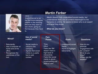 Martin Ferber
                        • CEO
                        • Wants Internet to be                Martin doesn't fully understand social media, but
                                the first think everyone      understands that a lot of content meaningful to his
                                checks in the morning         company is online. He wants to know who is an expert
                                because they want to          and what they know.
                                see what‘s going on.
                        •       Not because they have         What do you know?
                                to.


                                Use of social                Pain
     Wired?                     media?                       Points                     Goals                Questions

• Reluctantly.              • Social media is         • Time.                  • Understand social      • How do you
• Has a computer at              critical to the      • Effort.                    media                    promote
    home and at the              company.             • Feels like SM          •   Wants to highlight       engagement with
    office.                 •    Agrees that social        doesn‘t have a          retirements.             the content?
•   Recognizes the               media is a useful         high level of                                •   What do you
    usefulness of the            tool to add               interactivity                                    know?
    tool.                        context.             •    Feels like social                            •   Where are the
                                                           media is about                                   experts?
                                                           broadcasting one
                                                           point of view.


    22
 