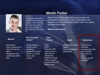 Martin Ferber
                        • CEO
                        • Wants Internet to be                Martin doesn't fully understand social media, but
                                the first think everyone      understands that a lot of content meaningful to his
                                checks in the morning         company is online. He wants to know who is an expert
                                because they want to          and what they know.
                                see what‘s going on.
                        •       Not because they have         What do you know?
                                to.


                                Use of social                Pain
     Wired?                     media?                       Points                     Goals                Questions

• Reluctantly.              • Social media is         • Time.                  • Understand social      • How do you
• Has a computer at              critical to the      • Effort.                    media                    promote
    home and at the              company.             • Feels like SM          •   Wants to highlight       engagement with
    office.                 •    Agrees that social        doesn‘t have a          retirements.             the content?
•   Recognizes the               media is a useful         high level of                                •   What do you
    usefulness of the            tool to add               interactivity                                    know?
    tool.                        context.             •    Feels like social                            •   Where are the
                                                           media is about                                   experts?
                                                           broadcasting one
                                                           point of view.


    24
 