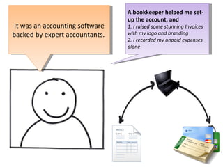 A bookkeeper helped me set-up the account, and 1. I raised some stunning Invoices with my logo and branding 2. I recorded my unpaid expenses alone It was an accounting software backed by expert accountants.  