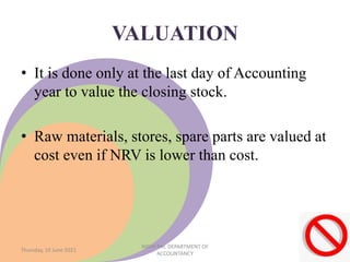 VALUATION
• It is done only at the last day of Accounting
year to value the closing stock.
• Raw materials, stores, spare parts are valued at
cost even if NRV is lower than cost.
Thursday, 10 June 2021
NIDHI RAI, DEPARTMENT OF
ACCOUNTANCY
 