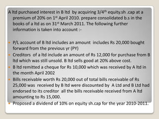 A ltd purchased interest in B ltd by acquiring 3/4th equity.sh .cap at a
premium of 20% on 1st April 2010. prepare consolidated b.s in the
books of a ltd as on 31st March 2011. The following further
information is taken into account :-
 P/L account of B ltd includes an amount includes Rs 20,000 bought
forward from the previous yr (PY)
 Creditors of a ltd include an amount of Rs 12,000 for purchase from B
ltd which was still unsold. B ltd sells good at 20% above cost.
 B ltd remitted a cheque for Rs 10,000 which was received by A ltd in
the month April 2002
 Bills receivable worth Rs 20,000 out of total bills receivable of Rs
25,000 was received by B ltd were discounted by A Ltd and B Ltd had
endorsed to its creditor all the bills receivable received from A ltd
amounting to Rs 15,000.
 Proposed a dividend of 10% on equity sh.cap for the year 2010-2011.
 