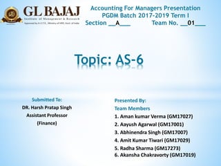 Topic: AS-6
Submitted To:
DR. Harsh Pratap Singh
Assistant Professor
(Finance)
Presented By:
Team Members
1. Aman kumar Verma (GM17027)
2. Aayush Agarwal (GM17001)
3. Abhinendra Singh (GM17007)
4. Amit Kumar Tiwari (GM17029)
5. Radha Sharma (GM17273)
6. Akansha Chakravorty (GM17019)
Accounting For Managers Presentation
PGDM Batch 2017-2019 Term I
Section __A___ Team No. __01___
 