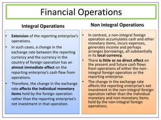 Financial Operations
Integral Operations
•
•

•

Extension of the reporting enterprise’s •
operations.
In such cases, a change in the
exchange rate between the reporting
currency and the currency in the
•
country of foreign operation has an
almost immediate effect on the
reporting enterprise’s cash flow from
operations.
Therefore, the change in the exchange •
rate affects the individual monetary
items held by the foreign operation
rather than the reporting enterprise’s
net investment in that operation.

Non Integral Operations
In contrast, a non-integral foreign
operation accumulates cash and other
monetary items, incurs expenses,
generates income and perhaps
arranges borrowings, all substantially
in its local currency.
There is little or no direct effect on
the present and future cash flows
from operations of either the nonintegral foreign operation or the
reporting enterprise.
The change in the exchange rate
affects the reporting enterprise’s net
investment in the non-integral foreign
operation rather than the individual
monetary and non-monetary items
held by the non-integral foreign
operations.

 