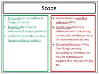 Scope
 Accounting for transactions in
foreign currencies.

Presentation in a cash flow
statement (AS-3).

 Translating the financial
statements of foreign operations.

Restatement of financial
statements from its reporting
currency into another currency
for the convenience of users.

 For transactions in the nature of
Forward exchange contracts.

Exchange differences arising
from foreign currency
borrowings to the extent that
they are regarded as an
adjustment to interest costs (AS16).

 
