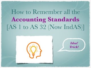 How to Remember all the
Accounting Standards
[AS 1 to AS 32 (Now IndAS)]
Idea!
Trick!
 