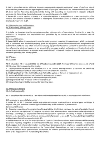 1. IAS 14 prescribes certain additional disclosure requirements regarding enterprise’s share of profit or loss of
associates and joint ventures and regarding restatement of prior year information, etc. At the time of issuance of AS
17, there were no Accounting Standards in India dealing with accounting for investments in associates and joint
ventures, etc. Accordingly, these disclosures are not specifically covered in AS 17.
2. As per IAS 14, for a segment to qualify as a reportable segment, it is required for it to earn the majority of its
revenue from external customers in addition to meeting the 10% threshold criteria of revenue, operating results or
total assets required in AS 17.

IAS 16:Property, Plant and Equipment
AS 10:Accounting for Fixed Assets

1. In India, the law governing the companies prescribes minimum rates of depreciation. Keeping this in view, the
revised AS 10 recognises that depreciation rates prescribed by the statute would be the minimum rates of
depreciation.
Conceptual differences
2. As per IAS 16, all servicing equipments, whether major or minor, except servicing equipments which can be used
only in connection with an item of property, plant and equipment, are carried as inventory and recognised in the
statement of profit and loss, when consumed. Servicing equipments that can be used only in connection with an
item of property, plant and equipment are accounted for as property, plant and equipment. Keeping in view the
nature of servicing equipments as separate assets, draft of the AS 10 (revised) requires all servicing equipments to be
treated as property, plant and equipment.

IAS 17:Leases
AS 19:Leases

AS 19 is based on IAS 17 (revised 1997). IAS 17 has been revised in 2004. The major differences between IAS 17 and
AS 19(revised 2004) are described hereinafter.
1. Keeping in view the peculiar land lease practices in the country, lease agreements to use lands are specifically
excluded from the scope of AS 19 whereas IAS 17 does not contain this exclusion.
2. IAS 17 specifically provides that the Standard shall not be applied as the basis of measurement for:
(a) property held by lessees that is accounted for as investment property;
(b) investment property provided by lessors under operating leases;
(c) biological assets held by lessees under finance leases; or
(d) biological assets provided by lessors under operating leases


IAS 19:Employee Benefits
AS 15:Employee Benefits

AS 15 is based on the current IAS 19. The major differences between IAS 19 and AS 15 are described hereinafter.

Difference due to removal of alternatives
1. Unlike IAS 19, AS 15 does not provide any option with regard to recognition of actuarial gains and losses. It
requires such gains and losses to be recognised immediately in the statement of profit and loss.
Conceptual Difference
2. Regarding recognition of termination benefits as a liability, it is felt that merely on the basis of a detailed formal
plan, it would not be appropriate to recognise a provision since a liability cannot be considered to be crystallised at
this stage. Accordingly, AS 15 provides criteria for recognition of a provision for liability in respect of termination
benefits on the basis of the general criteria for recognition of provision as per AS 29, Provisions, Contingent Liabilities
and Contingent Assets (corresponding to IAS 37).
It may be noted that the IASB has recently issued an Exposure Draft of the proposed Amendments to IAS 19 whereby
the criteria regarding recognition of termination benefits as a liability are proposed to be amended. The Exposure
Draft proposes that voluntary termination benefits should be recognised when employees accept the entity’s offer
of those benefits. We, in our comments on the Exposure Draft, have pointed out that in a country such as India,
such a requirement would give erroneous results since the schemes generally have the following characteristics in
terms of the steps involved in implementing the scheme:
 