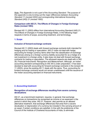 Note: This Appendix is not a part of the Accounting Standard. The purpose of
this appendix is only to bring out the major differences between Accounting
Standard 11 (revised 2003) and corresponding International Accounting
Standard (IAS) 21 (revised 1993).

Comparison with IAS 21, The Effects of Changes in Foreign Exchange
Rates (revised 1993)

Revised AS 11 (2003) differs from International Accounting Standard (IAS) 21,
The Effects of Changes in Foreign Exchange Rates, in the following major
respects in terms of scope, accounting treatment, and terminology.

1. Scope

Inclusion of forward exchange contracts

Revised AS 11 (2003) deals with forward exchange contracts both intended for
hedging and for trading or speculation. IAS 21 does not deal with hedge
accounting for foreign currency items other than the classification of exchange
differences arising on a foreign currency liability accounted for as a hedge of a
net investment in a foreign entity. It also does not deal with forward exchange
contracts for trading or speculation. The aforesaid aspects are dealt with in IAS
39, Financial Instruments: Recognition and Measurement. Although, an Indian
accounting standard corresponding to IAS 39 is under preparation, it has been
decided to deal with accounting for forward exchange contracts in the revised AS
11 (2003), since the existing AS 11 deals with the same. Thus, accounting for
forward exchange contracts would not remain unaddressed untill the issuance of
the Indian accounting standard on financial instruments.




2. Accounting treatment

Recognition of exchange differences resulting from severe currency
devaluations

IAS 21, as a benchmark treatment, requires, in general, that exchange
differences on transactions be recognised as income or as expenses in the
period in which they arise. IAS 21, however, also permits as an allowed
alternative treatment, that exchange differences that arise from a severe
devaluation or depreciation of a currency be included in the carrying amount of
an asset, if certain conditions are satisfied. In line with the preference of the
Council of the Institute of Chartered Accountants of India, to eliminate
 
