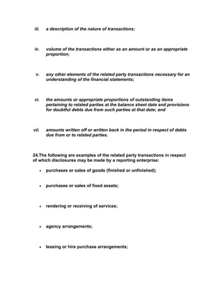 iii.       a description of the nature of transactions;



iv.        volume of the transactions either as an amount or as an appropriate
           proportion;



 v.        any other elements of the related party transactions necessary for an
           understanding of the financial statements;



vi.        the amounts or appropriate proportions of outstanding items
           pertaining to related parties at the balance sheet date and provisions
           for doubtful debts due from such parties at that date; and



vii.       amounts written off or written back in the period in respect of debts
           due from or to related parties.



24.The following are examples of the related party transactions in respect
of which disclosures may be made by a reporting enterprise:

       •   purchases or sales of goods (finished or unfinished);


       •   purchases or sales of fixed assets;



       •   rendering or receiving of services;



       •   agency arrangements;



       •   leasing or hire purchase arrangements;
 