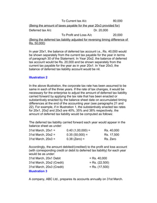 To Current tax A/c                      80,000
(Being the amount of taxes payable for the year 20x3 provided for)
Deferred tax A/c                                  Dr. 20,000
                         To Profit and Loss A/c                  20,000
(Being the deferred tax liability adjusted for reversing timing difference of
Rs. 50,000)

In year 20x1, the balance of deferred tax account i.e., Rs. 40,000 would
be shown separately from the current tax payable for the year in terms
of paragraph 30 of the Statement. In Year 20x2, the balance of deferred
tax account would be Rs. 20,000 and be shown separately from the
current tax payable for the year as in year 20x1. In Year 20x3, the
balance of deferred tax liability account would be nil.

Illustration 2

In the above illustration, the corporate tax rate has been assumed to be
same in each of the three years. If the rate of tax changes, it would be
necessary for the enterprise to adjust the amount of deferred tax liability
carried forward by applying the tax rate that has been enacted or
substantively enacted by the balance sheet date on accumulated timing
differences at the end of the accounting year (see paragraphs 21 and
22). For example, if in Illustration 1, the substantively enacted tax rates
for 20x1, 20x2 and 20x3 are 40%, 35% and 38% respectively, the
amount of deferred tax liability would be computed as follows:

The deferred tax liability carried forward each year would appear in the
balance sheet as under:
31st March, 20x1 =            0.40 (1,00,000) =         Rs. 40,000
31st March, 20x2 =            0.35 (50,000) =           Rs. 17,500
31st March, 20x3 =            0.38 (Zero) =             Rs. Zero

Accordingly, the amount debited/(credited) to the profit and loss account
(with corresponding credit or debit to deferred tax liability) for each year
would be as under:
31st March, 20x1 Debit                        = Rs. 40,000
31st March, 20x2 (Credit)                     = Rs. (22,500)
31st March, 20x3 (Credit)                     = Rs. (17,500)
Illustration 3

A company, ABC Ltd., prepares its accounts annually on 31st March.
 