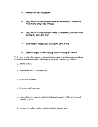 ii.   retirements and disposals;



       iii.   impairment losses recognised in the statement of profit and
              loss during the period (if any);



       iv.    impairment losses reversed in the statement of profit and loss
              during the period (if any);



        v.    amortisation recognised during the period; and



       vi.    other changes in the carrying amount during the period.

91.A class of intangible assets is a grouping of assets of a similar nature and use
in an enterprise's operations. Examples of separate classes may include:

   a. brand names;


   b. mastheads and publishing titles;



   c. computer software;



   d. licences and franchises;



   e. copyrights, and patents and other industrial property rights, service and
      operating rights;



   f. recipes, formulae, models, designs and prototypes; and
 