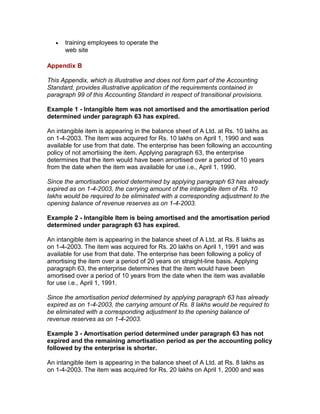 •   training employees to operate the
       web site

Appendix B

This Appendix, which is illustrative and does not form part of the Accounting
Standard, provides illustrative application of the requirements contained in
paragraph 99 of this Accounting Standard in respect of transitional provisions.

Example 1 - Intangible Item was not amortised and the amortisation period
determined under paragraph 63 has expired.

An intangible item is appearing in the balance sheet of A Ltd. at Rs. 10 lakhs as
on 1-4-2003. The item was acquired for Rs. 10 lakhs on April 1, 1990 and was
available for use from that date. The enterprise has been following an accounting
policy of not amortising the item. Applying paragraph 63, the enterprise
determines that the item would have been amortised over a period of 10 years
from the date when the item was available for use i.e., April 1, 1990.

Since the amortisation period determined by applying paragraph 63 has already
expired as on 1-4-2003, the carrying amount of the intangible item of Rs. 10
lakhs would be required to be eliminated with a corresponding adjustment to the
opening balance of revenue reserves as on 1-4-2003.

Example 2 - Intangible Item is being amortised and the amortisation period
determined under paragraph 63 has expired.

An intangible item is appearing in the balance sheet of A Ltd. at Rs. 8 lakhs as
on 1-4-2003. The item was acquired for Rs. 20 lakhs on April 1, 1991 and was
available for use from that date. The enterprise has been following a policy of
amortising the item over a period of 20 years on straight-line basis. Applying
paragraph 63, the enterprise determines that the item would have been
amortised over a period of 10 years from the date when the item was available
for use i.e., April 1, 1991.

Since the amortisation period determined by applying paragraph 63 has already
expired as on 1-4-2003, the carrying amount of Rs. 8 lakhs would be required to
be eliminated with a corresponding adjustment to the opening balance of
revenue reserves as on 1-4-2003.

Example 3 - Amortisation period determined under paragraph 63 has not
expired and the remaining amortisation period as per the accounting policy
followed by the enterprise is shorter.

An intangible item is appearing in the balance sheet of A Ltd. at Rs. 8 lakhs as
on 1-4-2003. The item was acquired for Rs. 20 lakhs on April 1, 2000 and was
 
