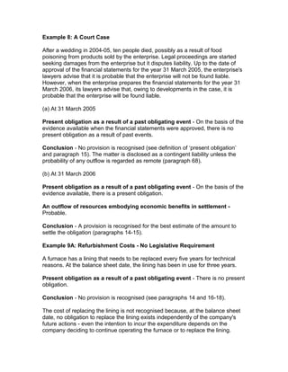Example 8: A Court Case

After a wedding in 2004-05, ten people died, possibly as a result of food
poisoning from products sold by the enterprise. Legal proceedings are started
seeking damages from the enterprise but it disputes liability. Up to the date of
approval of the financial statements for the year 31 March 2005, the enterprise's
lawyers advise that it is probable that the enterprise will not be found liable.
However, when the enterprise prepares the financial statements for the year 31
March 2006, its lawyers advise that, owing to developments in the case, it is
probable that the enterprise will be found liable.

(a) At 31 March 2005

Present obligation as a result of a past obligating event - On the basis of the
evidence available when the financial statements were approved, there is no
present obligation as a result of past events.

Conclusion - No provision is recognised (see definition of ‘present obligation’
and paragraph 15). The matter is disclosed as a contingent liability unless the
probability of any outflow is regarded as remote (paragraph 68).

(b) At 31 March 2006

Present obligation as a result of a past obligating event - On the basis of the
evidence available, there is a present obligation.

An outflow of resources embodying economic benefits in settlement -
Probable.

Conclusion - A provision is recognised for the best estimate of the amount to
settle the obligation (paragraphs 14-15).

Example 9A: Refurbishment Costs - No Legislative Requirement

A furnace has a lining that needs to be replaced every five years for technical
reasons. At the balance sheet date, the lining has been in use for three years.

Present obligation as a result of a past obligating event - There is no present
obligation.

Conclusion - No provision is recognised (see paragraphs 14 and 16-18).

The cost of replacing the lining is not recognised because, at the balance sheet
date, no obligation to replace the lining exists independently of the company's
future actions - even the intention to incur the expenditure depends on the
company deciding to continue operating the furnace or to replace the lining.
 