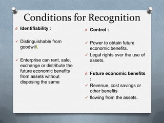 Conditions for Recognition
O Identifiability :            O Control :


 Distinguishable from          Power to obtain future
  goodwill.                      economic benefits.
                                Legal rights over the use of
 Enterprise can rent, sale,     assets.
  exchange or distribute the
  future economic benefits
                               O Future economic benefits
  from assets without
                                 :
  disposing the same
                                Revenue, cost savings or
                                 other benefits
                                flowing from the assets.
 