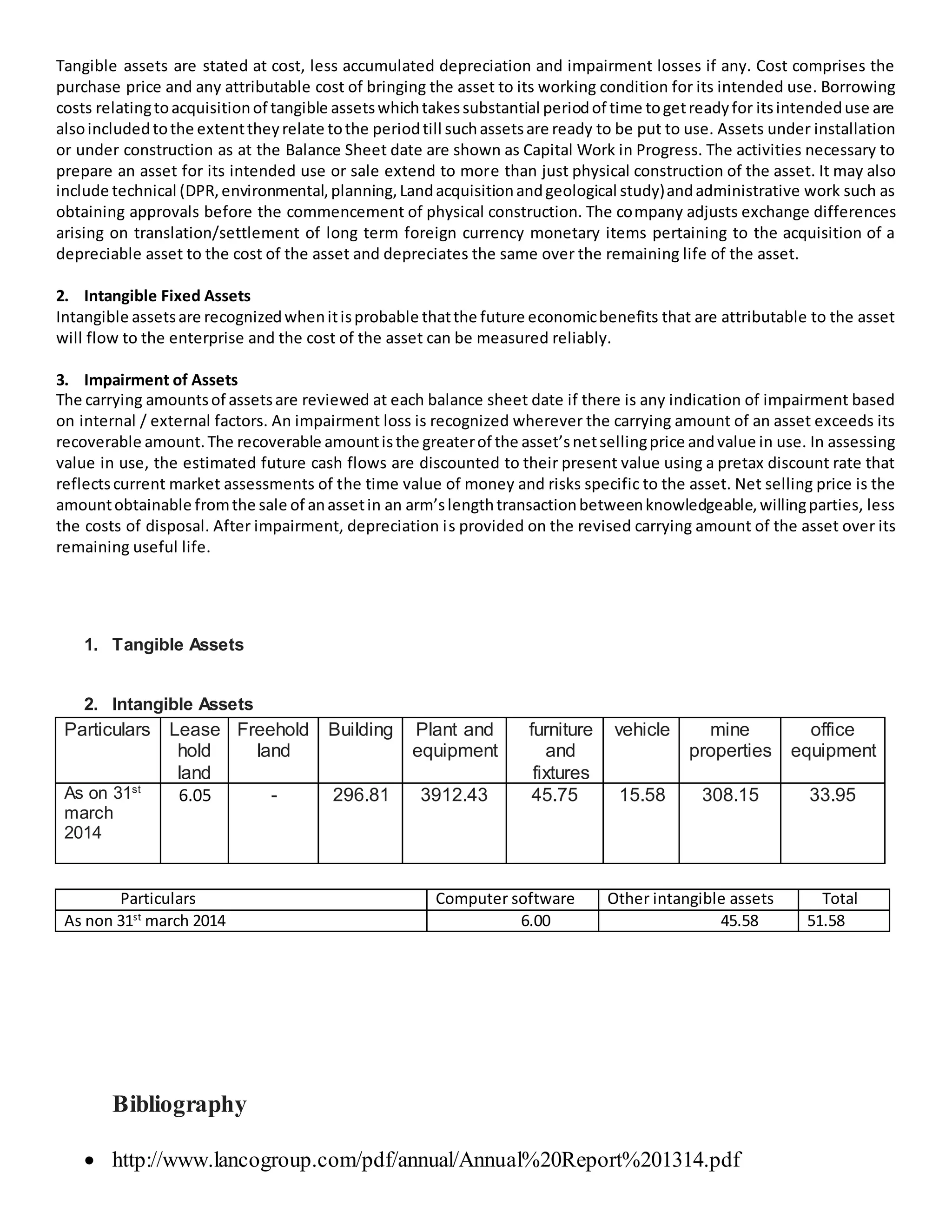 Tangible assets are stated at cost, less accumulated depreciation and impairment losses if any. Cost comprises the
purchase price and any attributable cost of bringing the asset to its working condition for its intended use. Borrowing
costs relatingtoacquisitionof tangible assetswhichtakessubstantial periodof time togetreadyfor itsintendeduse are
alsoincludedtothe extenttheyrelate tothe periodtill suchassetsare ready to be put to use. Assets under installation
or under construction as at the Balance Sheet date are shown as Capital Work in Progress. The activities necessary to
prepare an asset for its intended use or sale extend to more than just physical construction of the asset. It may also
include technical (DPR,environmental,planning,Landacquisitionandgeological study)andadministrative work such as
obtaining approvals before the commencement of physical construction. The company adjusts exchange differences
arising on translation/settlement of long term foreign currency monetary items pertaining to the acquisition of a
depreciable asset to the cost of the asset and depreciates the same over the remaining life of the asset.
2. Intangible Fixed Assets
Intangible assetsare recognizedwhenitisprobable thatthe future economicbenefits that are attributable to the asset
will flow to the enterprise and the cost of the asset can be measured reliably.
3. Impairment of Assets
The carrying amountsof assetsare reviewed at each balance sheet date if there is any indication of impairment based
on internal / external factors. An impairment loss is recognized wherever the carrying amount of an asset exceeds its
recoverable amount.The recoverable amountisthe greaterof the asset’snetsellingprice andvalue in use. In assessing
value in use, the estimated future cash flows are discounted to their present value using a pretax discount rate that
reflectscurrent market assessments of the time value of money and risks specific to the asset. Net selling price is the
amountobtainable fromthe sale of anassetin an arm’slengthtransactionbetweenknowledgeable,willingparties, less
the costs of disposal. After impairment, depreciation is provided on the revised carrying amount of the asset over its
remaining useful life.
1. Tangible Assets
2. Intangible Assets
Bibliography
 http://www.lancogroup.com/pdf/annual/Annual%20Report%201314.pdf
Particulars Lease
hold
land
Freehold
land
Building Plant and
equipment
furniture
and
fixtures
vehicle mine
properties
office
equipment
As on 31st
march
2014
6.05 - 296.81 3912.43 45.75 15.58 308.15 33.95
Particulars Computer software Other intangible assets Total
As non 31st
march 2014 6.00 45.58 51.58
 