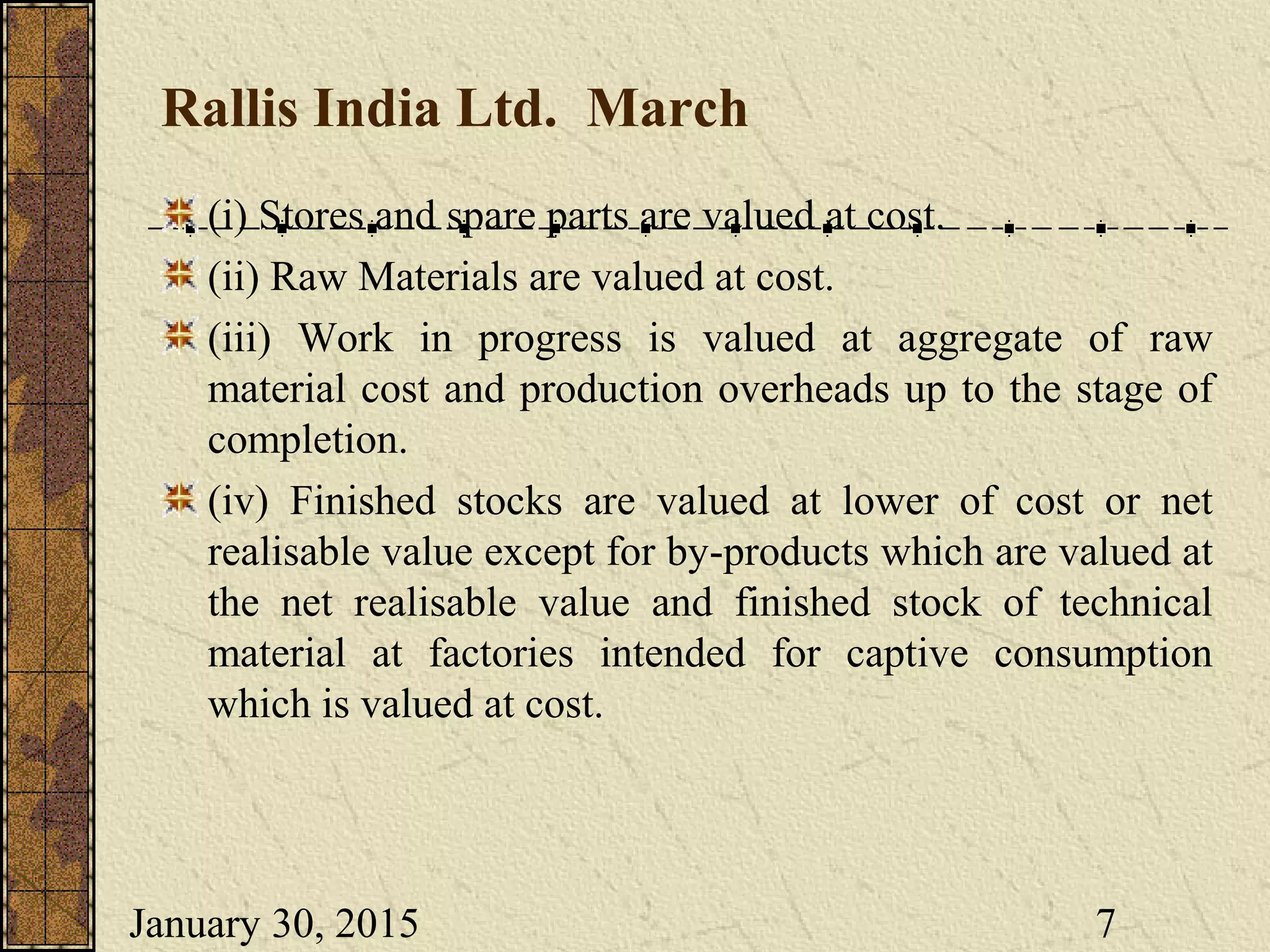January 30, 2015 7
Rallis India Ltd. March
(i) Stores and spare parts are valued at cost.
(ii) Raw Materials are valued at cost.
(iii) Work in progress is valued at aggregate of raw
material cost and production overheads up to the stage of
completion.
(iv) Finished stocks are valued at lower of cost or net
realisable value except for by-products which are valued at
the net realisable value and finished stock of technical
material at factories intended for captive consumption
which is valued at cost.
 