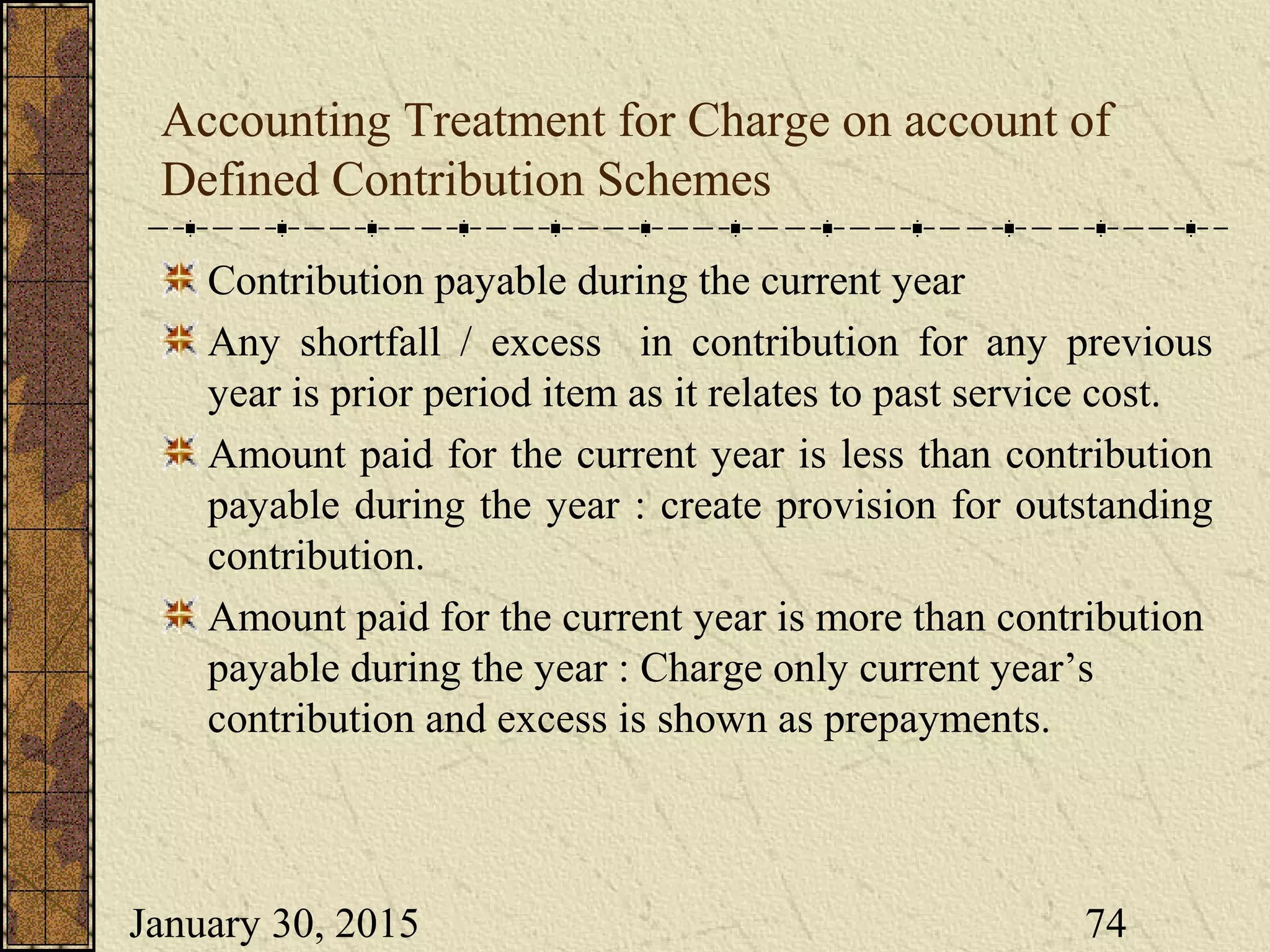 January 30, 2015 74
Accounting Treatment for Charge on account of
Defined Contribution Schemes
Contribution payable during the current year
Any shortfall / excess in contribution for any previous
year is prior period item as it relates to past service cost.
Amount paid for the current year is less than contribution
payable during the year : create provision for outstanding
contribution.
Amount paid for the current year is more than contribution
payable during the year : Charge only current year’s
contribution and excess is shown as prepayments.
 