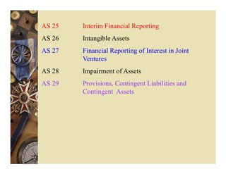 AS 25   Interim Financial Reporting
AS 26   Intangible Assets
AS 27   Financial Reporting of Interest in Joint
        Ventures
AS 28   Impairment of Assets
AS 29   Provisions, Contingent Liabilities and
        Contingent Assets
 