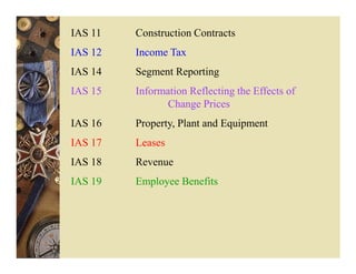 IAS 11   Construction Contracts
IAS 12   Income Tax
IAS 14   Segment Reporting
IAS 15   Information Reflecting the Effects of
                Change Prices
IAS 16   Property, Plant and Equipment
IAS 17   Leases
IAS 18   Revenue
IAS 19   Employee Benefits
 