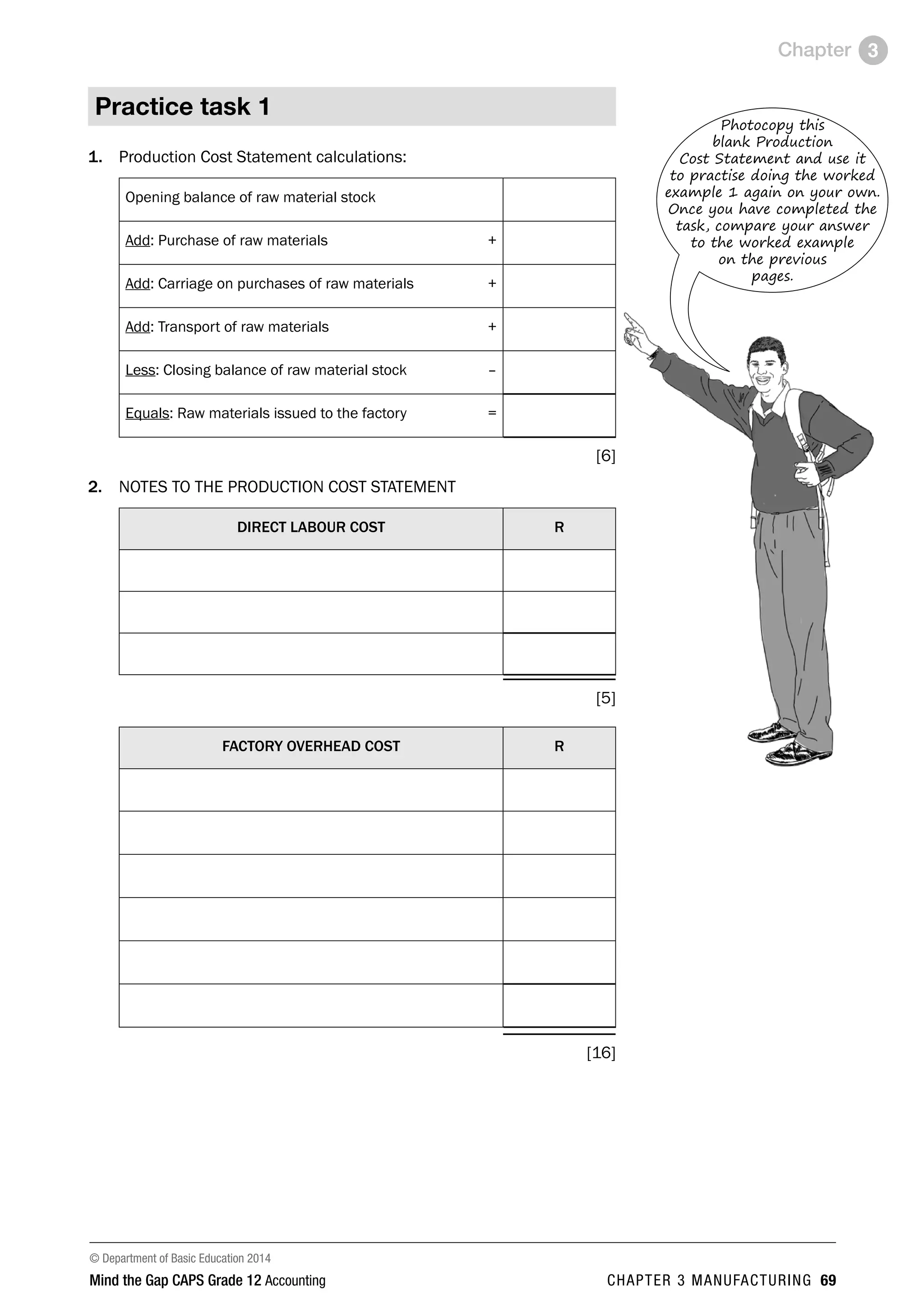 © Department of Basic Education 2014
Mind the Gap CAPS Grade 12 Accounting chapter 3 manufacturing 69
Chapter 3
Practice task 1
1. 	 Production Cost Statement calculations:
Opening balance of raw material stock
Add: Purchase of raw materials +
Add: Carriage on purchases of raw materials +
Add: Transport of raw materials +
Less: Closing balance of raw material stock –
Equals: Raw materials issued to the factory =
[6]
2. 	 NOTES TO THE PRODUCTION COST STATEMENT
DIRECT LABOUR COST R
[5]
FACTORY OVERHEAD COST R
[16]
Photocopy this
blank Production
Cost Statement and use it
to practise doing the worked
example 1 again on your own.
Once you have completed the
task, compare your answer
to the worked example
on the previous
pages.
 