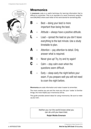 © Department of Basic Education 2014
x introduction Mind the Gap CAPS Grade 12 Accounting
© Department of Basic Education 2014
Mnemonics
A mnemonic code is a useful technique for learning information that is
difficult to remember. This is an example of a word mnemonic using the
word BALANCE where each letter of the word stands for something else:
B	–	Best – doing your best is more 			
important than being the best.
A 	 – 	Attitude – always have a positive attitude.
L 	 – 	Load – spread the load so you don’t leave
everything to the last minute. Use a study
timetable to plan.
A 	 – 	Attention – pay attention to detail. Only
answer what is required.
N 	 – 	 Never give up! Try, try and try again!
C	 – 	Calm – stay calm even when the
questions seem difficult.
E 	 – 	Early – sleep early the night before your
exam. If you prepare well you will not need
to cram the night before.
Mnemonics are code information and make it easier to remember.
The more creative you are and the more you link your ‘codes’ to familiar
things, the more helpful your mnemonics will be.
This guide provides several ideas for using mnemonics. Be sure to make
up your own.
Neither you nor the world knows what you
can do until you have tried.
Ralph Waldo Emerson
Success
in Accounting
is a balancing
act!
 