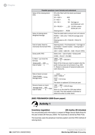 © Department of Basic Education 2014
106 chapter 6 inventories Mind the Gap CAPS Grade 12 Accounting
Chapter6
Possible questions: Learn formats and understand
Value of the closing stock:
FIFO
25 units: Start with the stock purchased
recently.
20 × R20 =	 400
5 × R15 =	 75
25 × R2 =	 50 	 Carriage on
		 purchases per unit
25 × R0,50 = 	 13	 (12,50) custom
		 duties per unit
Closing stock =	 R538
Value of closing stock:
Weighted Average
Total the debit side’s amount and unit column
R1655 ÷ 100 units = R16,55 average price
per unit
Closing stock is 25 × R16,55 = R413,75
(R414)
Cost of sales: Need to
memorise the format! FIFO
Opening stock + Purchases(net) + Carriage on
purchases + Custom duties – closing stock =
Cost of sales
100 + 1330 + 180+45 – 538 = R1117 (FIFO)
Gross profit: FIFO Sales (net) – cost of sales = Gross profit
3 000 – R1117 = R1 883
5. Mark –up: know the
formula
Gross profit
×
100
= %
Cost of sales 1
1883
×
100
= 168,58 %
1117 1
Most of the times you need to explain why the
profit markup was not achieved of e.g. 200
%. Reason is because of seasonal sales and
cash discounts.
Rate of stock turnover
Cost of sales
= times
Average stock
1117
=
(100 + 538)/2
1117
= 3,5 times
319
The stock is replaced 3,5 times per year
Period of stock on hand
Average stock
×
365
= days
Cost of sales 1
319
×
365
= 104,24 days
1117 1
Stock is on the shelf for 104 days before
it is sold. This ratio assists a business to
determine when to order stock.
(NSC FEB/MARCH 2009 Exam paper)
Activity 1
Inventory regulation (35 marks; 20 minutes)
You are provided with information in respect of Magic Soccer Balls Shop for
the year ended 28 February 2009. The business is owned by Peter Pule.
The business uses the perpetual inventory system and the FIFO method of
valuing stock.
 
