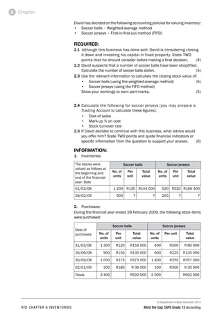 © Department of Basic Education 2014
112 chapter 6 inventories Mind the Gap CAPS Grade 12 Accounting
Chapter6
David has decidedonthefollowing accountingpolicies forvaluing inventory:
•	 Soccer balls – Weighted-average method
•	 Soccer jerseys – First-in-first-out method (FIFO)
REQUIRED:
2..1	 Although this business has done well; David is considering closing
it down and investing his capital in fixed property. State TWO
points that he should consider before making a final decision. (4)
2.2	David suspects that a number of soccer balls have been shoplifted.
Calculate the number of soccer balls stolen. (5)
2.3	Use the relevant information to calculate the closing stock value of:
•	 Soccer balls (using the weighted-average method) (6)
•	 Soccer jerseys (using the FIFO method)
	 Show your workings to earn part-marks. (5)
2.4	Calculate the following for soccer jerseys (you may prepare a
Trading Account to calculate these figures):
•	 Cost of sales
•	 Mark-up % on cost
•	 Stock turnover rate
2.5	If David decides to continue with this business, what advice would
you offer him? State TWO points and quote financial indicators or
specific information from the question to support your answer. (6)
INFORMATION:
1.	 Inventories:
The stocks were
valued as follows at
the beginning and
end of the financial
year: Date
Soccer balls Soccer jerseys
No. of
units
Per
unit
Total
value
No. of
units
Per
unit
Total
value
01/03/08 1 200 R120 R144 000 520 R320 R166 400
28/02/09 900 ? ? 250 ? ?
2.	 Purchases:
During the financial year ended 28 February 2009, the following stock items
were purchased:
Date of
purchases
Soccer balls Soccer jerseys
No. of
units
Per
unit
Total
value
No. of
units
Per unit Total
value
31/03/08 1 300 R120 R156 000 400 R200 R 80 000
30/06/08 900 R150 R135 000 600 R225 R135 000
30/09/08 1 000 R175 R175 000 1 400 R255 R357 000
02/01/09 200 R180 R 36 000 100 R300 R 30 000
Totals 3 400 R502 000 2 500 R602 000
 