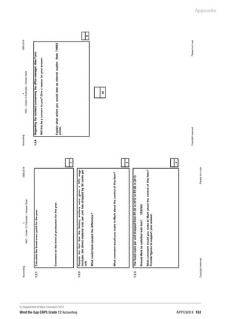 © Department of Basic Education 2014
Mind the Gap CAPS Grade 12 Accounting appendix 151
Appendix
Accounting3DBE/2014
NSC–Grade12Exemplar–AnswerBook
CopyrightreservedPleaseturnover
1.2.1Calculatethebreak-evenpointfortheyear.
Commentonthelevelofproductionfortheyear.
7
1.2.2Despitethefactthatthefactoryworkersweregivena10%wage
increase,thedirectmaterialcostperunithasdroppedby50centsper
unit.
Whatcouldhavecausedthedifference?
WhatcommentwouldyoumaketoMarkaboutthecontrolofthisitem?
3
1.2.3ThefixedcostsperunitdroppedfromR1,90in2012toR1,80in2013.
ShouldMarkbesatisfiedwiththis?YES/NO
WhatcommentwouldyoumaketoMarkaboutthecontrolofthisitem?
Providefigurestosupportyouranswer.
4
Accounting4DBE/2014
NSC–Grade12Exemplar–AnswerBook
CopyrightreservedPleaseturnover
1.2.4Regardingtheincidentconcerningtheofficemanager,AlexFynn:
Willthisbeaconcerntoyou?Giveareasonforyouranswer:
Explainwhatactionyouwouldtakeasinternalauditor.StateTHREE
points.
8
40
 