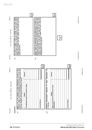 © Department of Basic Education 2014
152 appendix Mind the Gap CAPS Grade 12 Accounting
Appendix
Accounting5DBE/2014
NSC–Grade12Exemplar–AnswerBook
CopyrightreservedPleaseturnover
QUESTION2
2.1MakealistofthechangestoAquaWholesalers'accountinthe
Creditors'Ledger,whichthebookkeepershouldprocesstocorrectthe
errorsoromissions.GiveabriefdescriptionintheDetailscolumnand
showthechangestothebalancesintheAmountcolumn.
DetailsAmount
Pre-adjustmentbalanceinCreditors'Ledger
Correctbalance
12
2.2Creditor'sReconciliationStatementofAquaWholesalerson
31July2013
DetailsAmount
BalanceperstatementreceivedfromAqua
Wholesalers
Correctbalance
10
Accounting6DBE/2014
NSC–Grade12Exemplar–AnswerBook
CopyrightreservedPleaseturnover
2.3TheownerofOrganicTradersisunhappywiththeerrorswhich
occurredandresultedininaccuraterecordsintheirbooks.Briefly
explainTWOmeasuresthatOrganicTraderscanimplementinorderto
maintaingoodcontrolovertheircreditorsandtoavoidthisfrom
happeninginfuture.
4
2.4OrganicTradersisexperiencingcashproblemsandiscurrentlyina
positionwheretheyarenotabletopaytheircreditorsontime.Aqua
WholesalershasgrantedthemacreditlimitofR40000.Alltheircurrent
creditorsrequirethemtopaywithin30daysandtheyallowtheir
customerscredittermsof60days.SuggestTWOwaysinwhichthe
liquiditypositioncanbeimproved.
4
30
 