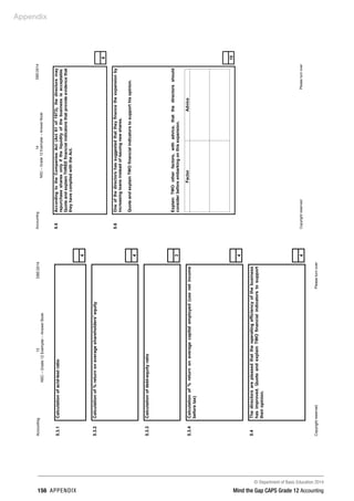 © Department of Basic Education 2014
156 appendix Mind the Gap CAPS Grade 12 Accounting
Appendix
Accounting13DBE/2014
NSC–Grade12Exemplar–AnswerBook
CopyrightreservedPleaseturnover
5.3.1Calculationofacid-testratio
4
5.3.2Calculationof%returnonaverageshareholders'equity
4
5.3.3Calculationofdebt-equityratio
3
5.3.4Calculationof%returnonaveragecapitalemployed(usenetincome
beforetax)
4
5.4Thedirectorsarepleasedthattheoperatingefficiencyofthebusiness
hasimproved.QuoteandexplainTWOfinancialindicatorstosupport
theiropinion.
4
Accounting14DBE/2014
NSC–Grade12Exemplar–AnswerBook
CopyrightreservedPleaseturnover
5.5AccordingtotheCompaniesAct(Act61of1973),thedirectorsmay
repurchasesharesonlyiftheliquidityofthebusinessisacceptable.
QuoteandexplainTHREEfinancialindicatorsthatprovideevidencethat
theyhavecompliedwiththeAct.
6
5.6Oneofthedirectorshassuggestedthattheyfinancetheexpansionby
increasingloansinsteadofissuingnewshares.
QuoteandexplainTWOfinancialindicatorstosupporthisopinion.
ExplainTWOotherfactors,withadvice,thatthedirectorsshould
considerbeforeembarkingonthisexpansion.
FactorAdvice
10
 