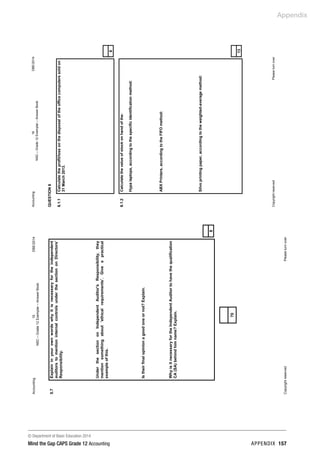 © Department of Basic Education 2014
Mind the Gap CAPS Grade 12 Accounting appendix 157
Appendix
Accounting15DBE/2014
NSC–Grade12Exemplar–AnswerBook
CopyrightreservedPleaseturnover
5.7Explaininyourownwordswhyitisnecessaryfortheindependent
auditorstomentioninternalcontrolsunderthesectiononDirectors'
Responsibility.
UnderthesectiononIndependentAuditor'sResponsibility,they
mentionsomethingabout'ethicalrequirements'.Giveapractical
exampleofthis.
Istheirfinalopinionagoodoneornot?Explain.
WhyisitnecessaryfortheIndependentAuditortohavethequalification
CA(SA)behindhimname?Explain.
8
70
Accounting16DBE/2014
NSC–Grade12Exemplar–AnswerBook
CopyrightreservedPleaseturnover
QUESTION6
6.1.1Calculatetheprofit/lossonthedisposaloftheofficecomputerssoldon
31March2013.
6
6.1.2Calculatethevalueofstockonhandofthe:
Hypalaptops,accordingtothespecificidentificationmethod:
ABXPrinters,accordingtotheFIFOmethod:
Silvoprintingpaper,accordingtotheweighted-averagemethod:
13
 