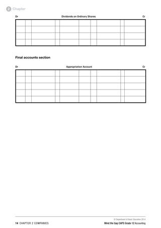 © Department of Basic Education 2014
14 chapter 2 companies Mind the Gap CAPS Grade 12 Accounting
Chapter2
Dr	Dividends on Ordinary Shares	 Cr
Final accounts section
Dr	 Appropriation Account	 Cr
 