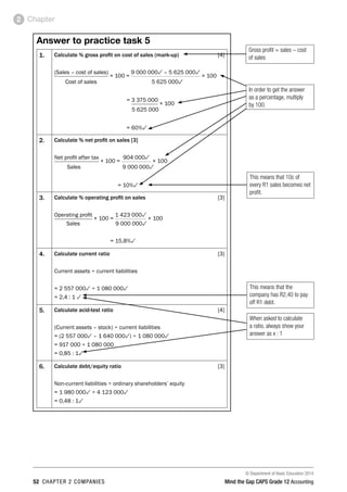 © Department of Basic Education 2014
52 chapter 2 companies Mind the Gap CAPS Grade 12 Accounting
Chapter2
Answer to practice task 5
1. Calculate % gross profit on cost of sales (mark-up)  [4]
(Sales – cost of sales)
× 100 =
9 000 0003 – 5 625 0003
× 100
	 Cost of sales 	 5 625 0003
	 = 3 375 000
× 100
	 5 625 000
	 = 60%3
2. Calculate % net profit on sales [3]
Net profit after tax
× 100 =
904 0003
× 100
	 Sales	 9 000 0003
	 = 10%3
3. Calculate % operating profit on sales [3]
Operating profit
× 100 =
1 423 0003
× 100
	 Sales	 9 000 0003
	 = 15,8%3
4. Calculate current ratio [3]
Current assets ÷ current liabilities
= 2 557 0003 ÷ 1 080 0003
= 2,4 : 1 3
5. Calculate acid-test ratio [4]
(Current assets – stock) ÷ current liabilities
= (2 557 0003 – 1 640 0003) ÷ 1 080 0003
= 917 000 ÷ 1 080 000
= 0,85 : 13
6. Calculate debt/equity ratio [3]
Non-current liabilities ÷ ordinary shareholders’ equity
= 1 980 0003 ÷ 4 123 0003
= 0,48 : 13
In order to get the answer
as a percentage, multiply
by 100.
When asked to calculate
a ratio, always show your
answer as x : 1
Gross profit = sales – cost
of sales
This means that the
company has R2,40 to pay
off R1 debt.
This means that 10c of
every R1 sales becomes net
profit.
 