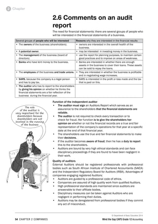 © Department of Basic Education 2014
54 chapter 2 companies Mind the Gap CAPS Grade 12 Accounting
Chapter2
2.6 Comments on an audit
report
The need for financial statements: there are several groups of people who
will be interested in the financial statements of a business.
Several groups of people who will be interested Reasons why they are interested in the financial results
•	 The owners of the business (shareholders). •	 owners are interested in the overall health of the
business.
•	 A potential owner. •	 may be interested in investing money in the business.
•	 The management of the business (board of
directors).
•	 use the report for planning purposes, to maintain certain
good practices and to improve on areas of weakness.
•	 Banks who have lent money to the business. •	 Banks are interested in whether there are enough
assets in the business to cover their loans. These assets
can be sold to repay the loans.
•	 The employees of the business and trade unions. •	 They are interested in whether the business is profitable
and in negotiating wage increases.
•	 SARS, because the company is a legal person
and has to pay tax.
•	 SARS is interested in the profit or loss made and the tax
that is paid on this.
•	 The auditor who has to report to the shareholders
by giving his opinion on whether he thinks the
financial statements are a fair reflection of the
business during the financial year.
Function of the independent auditor
•	 The auditor must sign an Auditors Report which serves as an
assurance to the shareholders that the financial statements are
reliable.
•	 The auditor is not required to check every transaction or to
check for fraud. Her function is to give the shareholders her
opinion on whether or not the financial records are a true and fair
representation of the company’s operations for that year at a specific
date at the end of that financial year.
•	 The shareholders use the true and fair financial statements to make
their decisions.
•	 If the auditor becomes aware of fraud, then he has a duty to report
this to the shareholders.
•	 Auditors are bound by very high ethical standards and can face
disciplinary proceedings if they are found to have been negligent in
their work.
Quality of auditors
External Auditors should be registered professionals with professional
bodies such as South African Institute of Chartered Accountants (SAICA)
and the Independent Regulatory Board for Auditors (IRBA). Advantages of
companies engaging registered Auditors:
•	 Auditors are guided by a professional code of ethics.
•	 Companies are assured of high quality work from qualified Auditors.
•	 High professional standards are maintained since auditors are
answerable to their affiliate bodies.
•	 Disciplinary measures can be taken against Auditors who are
negligent in performing their duties.
•	 Auditors may be deregistered from professional bodies if they commit
any act of misconduct.
The role
of the auditor is
very important for the
shareholders because
shareholders are not
involved in the running
of the business
 