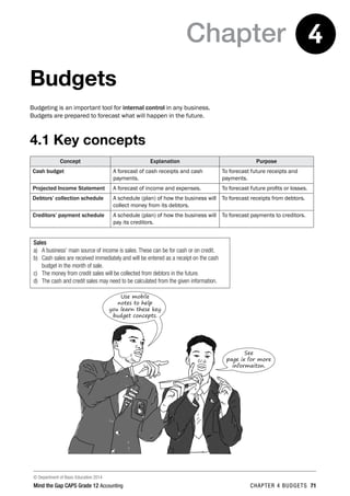 © Department of Basic Education 2014
Mind the Gap CAPS Grade 12 Accounting chapter 4 budgets 71
Chapter 4
Budgets
Budgeting is an important tool for internal control in any business.
Budgets are prepared to forecast what will happen in the future.
4.1 Key concepts
Concept Explanation Purpose
Cash budget A forecast of cash receipts and cash
payments.
To forecast future receipts and
payments.
Projected Income Statement A forecast of income and expenses. To forecast future profits or losses.
Debtors’ collection schedule A schedule (plan) of how the business will
collect money from its debtors.
To forecast receipts from debtors.
Creditors’ payment schedule A schedule (plan) of how the business will
pay its creditors.
To forecast payments to creditors.
Sales
a)	 A business’ main source of income is sales. These can be for cash or on credit.
b)	 Cash sales are received immediately and will be entered as a receipt on the cash
budget in the month of sale.
c)	 The money from credit sales will be collected from debtors in the future.
d)	 The cash and credit sales may need to be calculated from the given information.
See
page ix for more
informaiton.
Use mobile
notes to help
you learn these key
budget concepts.
 