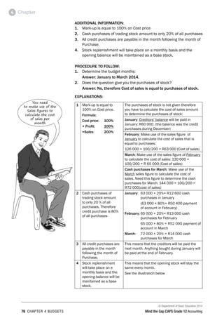 © Department of Basic Education 2014
76 chapter 4 budgets Mind the Gap CAPS Grade 12 Accounting
Chapter4
ADDITIONAL INFORMATION:
1.	 Mark-up is equal to 100% on Cost price
2.	 Cash purchases of trading stock amount to only 20% of all purchases
3.	 All credit purchases are payable in the month following the month of
Purchase.
4.	 Stock replenishment will take place on a monthly basis and the
opening balance will be maintained as a base stock.
PROCEDURE TO FOLLOW:
1.	 Determine the budget months:
	 Answer: January to March 2014.
2.	 Does the question give you the purchases of stock?
	 Answer: No, therefore Cost of sales is equal to purchases of stock.
EXPLANATIONS:
1 Mark-up is equal to
100% on Cost price.
Formula:
Cost price:	 100%
+ Profit:	 100%
=Sales:	 200%
The purchases of stock is not given therefore
you have to calculate the cost of sales amount
to determine the purchases of stock:
January: Creditors’ balance will be paid in
January: R60 000. (the balance was the credit
purchases during December)
February: Make use of the sales figure of
January to calculate the cost of sales that is
equal to purchases:
126 000 × 100/200 = R63 000 (Cost of sales)
March: Make use of the sales figure of February
to calculate the cost of sales: 130 000 ×
100/200 = R 65 000 (Cost of sales)
Cash purchases for March: Make use of the
March sales figure to calculate the cost of
sales. Need this figure to determine the cash
purchases for March: 144 000 × 100/200 =
R72 000(cost of sales)
2 Cash purchases of
trading stock amount
to only 20 % of all
purchases. Therefore
credit purchase is 80%
of all purchases
January:	63 000 × 20%= R12 600 cash
purchases in January
	(63 000 × 80%= R50 400 payment
of account in February)
February:	65 000 × 20%= R13 000 cash
purchases for February
	65 000 × 80% = R52 000 payment of
account in March
March: 	72 000 × 20% = R14 000 cash
purchases for March
3 All credit purchases are
payable in the month
following the month of
Purchase.
This means that the creditors will be paid the
next month. Anything bought during January will
be paid at the end of February.
4 Stock replenishment
will take place on a
monthly basis and the
opening balance will be
maintained as a base
stock.
This means that the opening stock will stay the
same every month.
See the illustration below
You need
to make use of the
Sales figures to
calculate the cost
of sales per
month
 