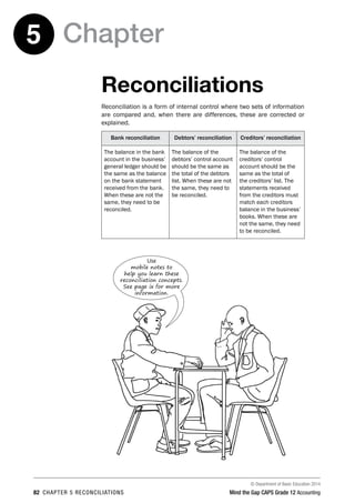 © Department of Basic Education 2014
82 chapter 5 reconciliations Mind the Gap CAPS Grade 12 Accounting
Chapter5
Reconciliations
Reconciliation is a form of internal control where two sets of information
are compared and, when there are differences, these are corrected or
explained.
Bank reconciliation Debtors’ reconciliation Creditors’ reconciliation
The balance in the bank
account in the business’
general ledger should be
the same as the balance
on the bank statement
received from the bank.
When these are not the
same, they need to be
reconciled.
The balance of the
debtors’ control account
should be the same as
the total of the debtors
list. When these are not
the same, they need to
be reconciled.
The balance of the
creditors’ control
account should be the
same as the total of
the creditors’ list. The
statements received
from the creditors must
match each creditors
balance in the business’
books. When these are
not the same, they need
to be reconciled.
Use
mobile notes to
help you learn these
reconciliation concepts.
See page ix for more
information.
 