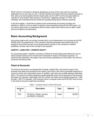 13
What I will do in this book is introduce developers to some of the most common business
applications he or she may run into. I will also identify some terms that have special meaning so
that, when one client explains that the repair parts can be “LIFO” but the new cars better be
“specific-id” and another client wants to convert from “weighted average” to “FIFO,” the
developer will understand that the clients are actually talking about inventory reporting.
In the first chapter, I would like to explore some fundamental accounting concepts and
definitions. While it is not my intent or desire to have developers study for the CPA exam, it is
my hope to allow them to understand what the client means when terms such as debit, credit,
and out of balance are discussed.
Basic Accounting Background
Accounting begins with one simple concept which is as fundamental to accountants as the DO
WHILE loop is to programmers. This concept is that all businesses have assets which are
funded by one of two sources: the business owners (equity) or the company’s creditors
(liabilities). Another view of this concept is the equation:
ASSETS = LIABILITIES + OWNER'S EQUITY
An accounting system, therefore, provides a method of record keeping that allows the user to
track business activity and to record each transaction's impact on the above equation. To
achieve these objectives, the system uses two primary repositories of information: the Chart of
Accounts and the journals.
Chart of Accounts
The Chart of Accounts is an itemized list of assets, creditor bills, and owner's equity in the
business that need to be tracked by the system. Each item in the chart is generally assigned an
account number and a descriptive name. In addition, each item has a dollar balance associated
with it. The account numbers assigned usually designate some sort of grouping of the accounts.
All assets, for example, might begin with the number one while current assets range from 1,000
through 1,500. For example, if the business owns a computer setup worth $5,000, then its entry
in the chart of accounts might look as follows:
Computer Asset in Chart of Accounts
Account
#
Description Type Balance
1750 HP Server, Router, and two
workstation computers
Asset $5,000
 