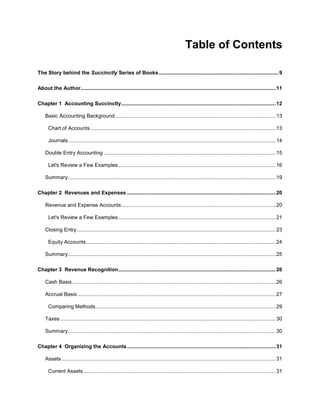 3
Table of Contents
The Story behind the Succinctly Series of Books...................................................................................9
About the Author.......................................................................................................................................11
Chapter 1 Accounting Succinctly...........................................................................................................12
Basic Accounting Background ...............................................................................................................13
Chart of Accounts ................................................................................................................................13
Journals ...............................................................................................................................................14
Double Entry Accounting .......................................................................................................................15
Let's Review a Few Examples.............................................................................................................16
Summary................................................................................................................................................19
Chapter 2 Revenues and Expenses .......................................................................................................20
Revenue and Expense Accounts...........................................................................................................20
Let's Review a Few Examples.............................................................................................................21
Closing Entry..........................................................................................................................................23
Equity Accounts ...................................................................................................................................24
Summary................................................................................................................................................25
Chapter 3 Revenue Recognition.............................................................................................................26
Cash Basis.............................................................................................................................................26
Accrual Basis .........................................................................................................................................27
Comparing Methods.............................................................................................................................29
Taxes .....................................................................................................................................................30
Summary................................................................................................................................................30
Chapter 4 Organizing the Accounts.......................................................................................................31
Assets ....................................................................................................................................................31
Current Assets .....................................................................................................................................31
 