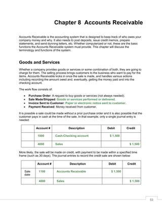 53
Chapter 8 Accounts Receivable
Accounts Receivable is the accounting system that is designed to keep track of who owes your
company money and why. It also needs to post deposits, issue credit memos, prepare
statements, and send dunning letters, etc. Whether computerized or not, these are the basic
functions the Accounts Receivable system must provide. This chapter will discuss the
terminology and functions of the system.
Goods and Services
Whether a company provides goods or services or some combination of both, they are going to
charge for them. The selling process brings customers to the business who want to pay for the
items. Accounts Receivable kicks in once the sale is made, and handles various actions
including recording the amount owed and, eventually, getting the money paid and into the
checking account.
The work flow consists of:
 Purchase Order: A request to buy goods or services (not always needed).
 Sale Made/Shipped: Goods or services performed or delivered.
 Invoice Sent to Customer: Paper or electronic notice sent to customer.
 Payment Received: Money received from customer.
It is possible a sale could be made without a prior purchase order and it is also possible that the
customer pays in cash at the time of the sale. In that example, only a single journal entry is
needed:
Account # Description Debit Credit
1000 Cash-Checking account $ 1,500
4000 Sales $ 1,500
More likely, the sale will be made on credit, with payment to be made within a specified time
frame (such as 30 days). The journal entries to record the credit sale are shown below:
Account # Description Debit Credit
Sale
date
1100 Accounts Receivable $ 1,500
4000 Sales $ 1,500
 