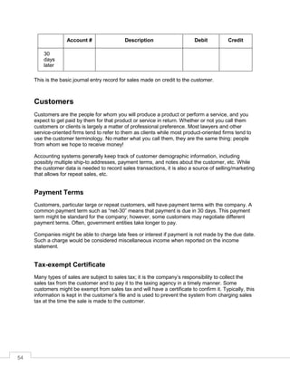 54
Account # Description Debit Credit
30
days
later
This is the basic journal entry record for sales made on credit to the customer.
Customers
Customers are the people for whom you will produce a product or perform a service, and you
expect to get paid by them for that product or service in return. Whether or not you call them
customers or clients is largely a matter of professional preference. Most lawyers and other
service-oriented firms tend to refer to them as clients while most product-oriented firms tend to
use the customer terminology. No matter what you call them, they are the same thing: people
from whom we hope to receive money!
Accounting systems generally keep track of customer demographic information, including
possibly multiple ship-to addresses, payment terms, and notes about the customer, etc. While
the customer data is needed to record sales transactions, it is also a source of selling/marketing
that allows for repeat sales, etc.
Payment Terms
Customers, particular large or repeat customers, will have payment terms with the company. A
common payment term such as “net-30” means that payment is due in 30 days. This payment
term might be standard for the company; however, some customers may negotiate different
payment terms. Often, government entities take longer to pay.
Companies might be able to charge late fees or interest if payment is not made by the due date.
Such a charge would be considered miscellaneous income when reported on the income
statement.
Tax-exempt Certificate
Many types of sales are subject to sales tax; it is the company’s responsibility to collect the
sales tax from the customer and to pay it to the taxing agency in a timely manner. Some
customers might be exempt from sales tax and will have a certificate to confirm it. Typically, this
information is kept in the customer’s file and is used to prevent the system from charging sales
tax at the time the sale is made to the customer.
 