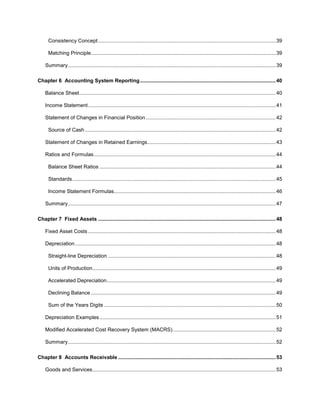 5
Consistency Concept...........................................................................................................................39
Matching Principle................................................................................................................................39
Summary................................................................................................................................................39
Chapter 6 Accounting System Reporting..............................................................................................40
Balance Sheet........................................................................................................................................40
Income Statement..................................................................................................................................41
Statement of Changes in Financial Position..........................................................................................42
Source of Cash ....................................................................................................................................42
Statement of Changes in Retained Earnings.........................................................................................43
Ratios and Formulas..............................................................................................................................44
Balance Sheet Ratios ..........................................................................................................................44
Standards.............................................................................................................................................45
Income Statement Formulas................................................................................................................46
Summary................................................................................................................................................47
Chapter 7 Fixed Assets ...........................................................................................................................48
Fixed Asset Costs ..................................................................................................................................48
Depreciation...........................................................................................................................................48
Straight-line Depreciation ....................................................................................................................48
Units of Production...............................................................................................................................49
Accelerated Depreciation.....................................................................................................................49
Declining Balance ................................................................................................................................49
Sum of the Years Digits .......................................................................................................................50
Depreciation Examples..........................................................................................................................51
Modified Accelerated Cost Recovery System (MACRS) .......................................................................52
Summary................................................................................................................................................52
Chapter 8 Accounts Receivable .............................................................................................................53
Goods and Services...............................................................................................................................53
 