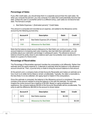 60
Percentage of Sales
If you offer credit sales, you should keep them in a separate account than the cash sales. So,
when you compute the percent, you only compute it on sales that could potentially become bad
debt. Unless the cash is counterfeit (which is a different entry), cash sales do not become bad
debt. The formula is simple:
 Bad Debts Expenses = (Estimated percent) * Credit Sales
This amount is computed and recorded as an expense, and added to the Allowance contra
account by the following journal entry:
Account # Description Debit Credit
7 5210 Bad Debts Expense (2% of Sales) $25,000
1101 Allowance for Bad Debt $25,000
Note that the balance sheet account (Allowance for Bad Debt) can continue to grow. If the
account balance is increasing each year (meaning, less bad debt than estimated), you will
probably adjust your estimation percentage in subsequent years. The allowance account
balance should be pretty close to zero balance each year but probably never exactly since it is
based on a guess of a future event.
Percentage of Receivables
The Percentage of Receivables approach handles the computation a bit differently. Rather than
estimate what the yearly expense is, it attempts to estimate what the balance in the allowance
account should be. Then, a journal entry is made to bring the account balance to that amount.
At the period’s end, a company looks at total Accounts Receivable and makes an estimate as to
how much is (in dollar terms) likely to remain uncollectable. Typically, the older a receivable is,
the less likely it is to be collected. (An aging report is helpful in this computation).
Once this estimate is computed, the balance in the Allowance account is considered. The entry
consists of the amount needed to bring the balance in line with the estimate. For example,
imagine the contra account has a balance of $2,500. Based on aging schedules and
experience, the company believes $9,000 of the Accounts Receivable will be uncollectable. The
entry to add the difference ($6,500) to the account is shown below:
Account # Description Debit Credit
7 5210 Bad Debts expense $6,500
1101 Allowance for Bad Debt $6,500
 